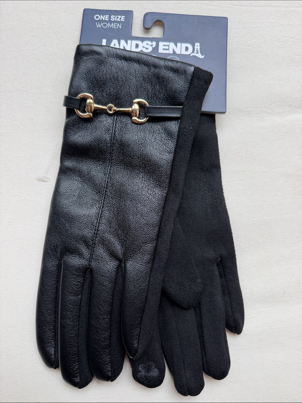 Lands End Black Faux Leather Gloves With Horsebit